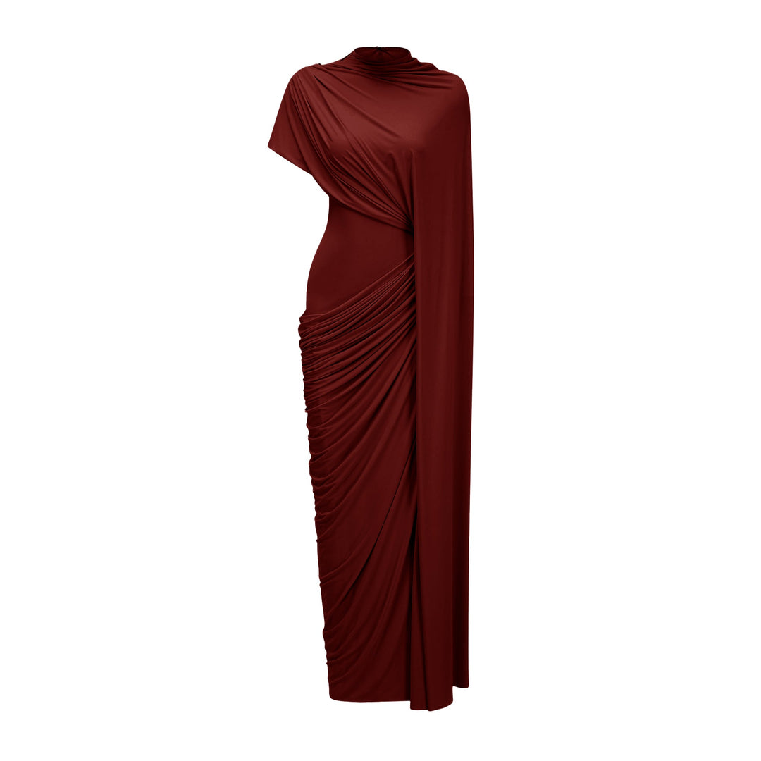 Elegante Abito Lungo Cappa Asimmetrica Drappeggiata