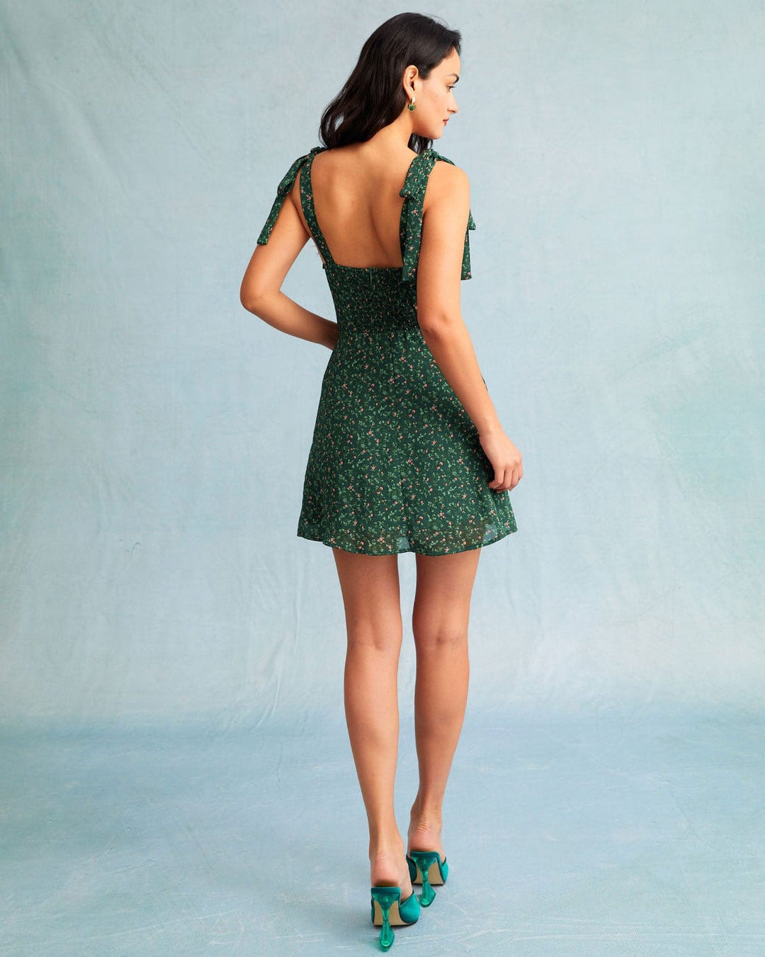 Elegante Abito Mini Verde Floreale Scollo Cuore Donna