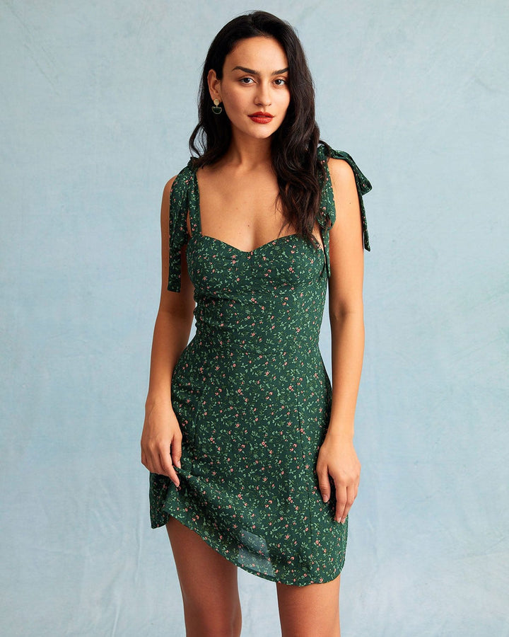 Elegante Abito Mini Verde Floreale Scollo Cuore Donna
