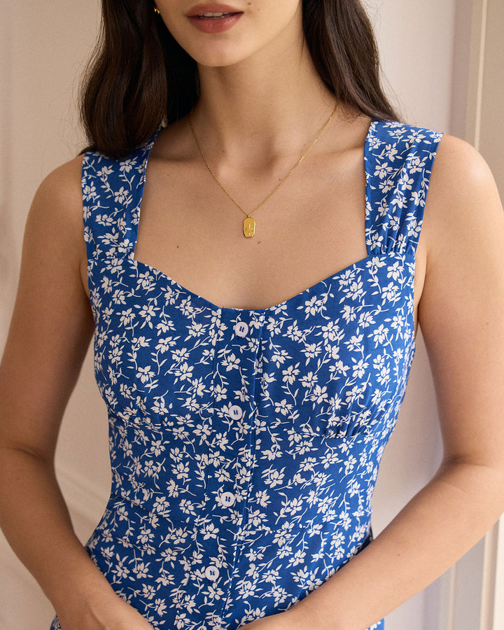 Elegante Abito Midi Floreale Scollo Cuore Donna