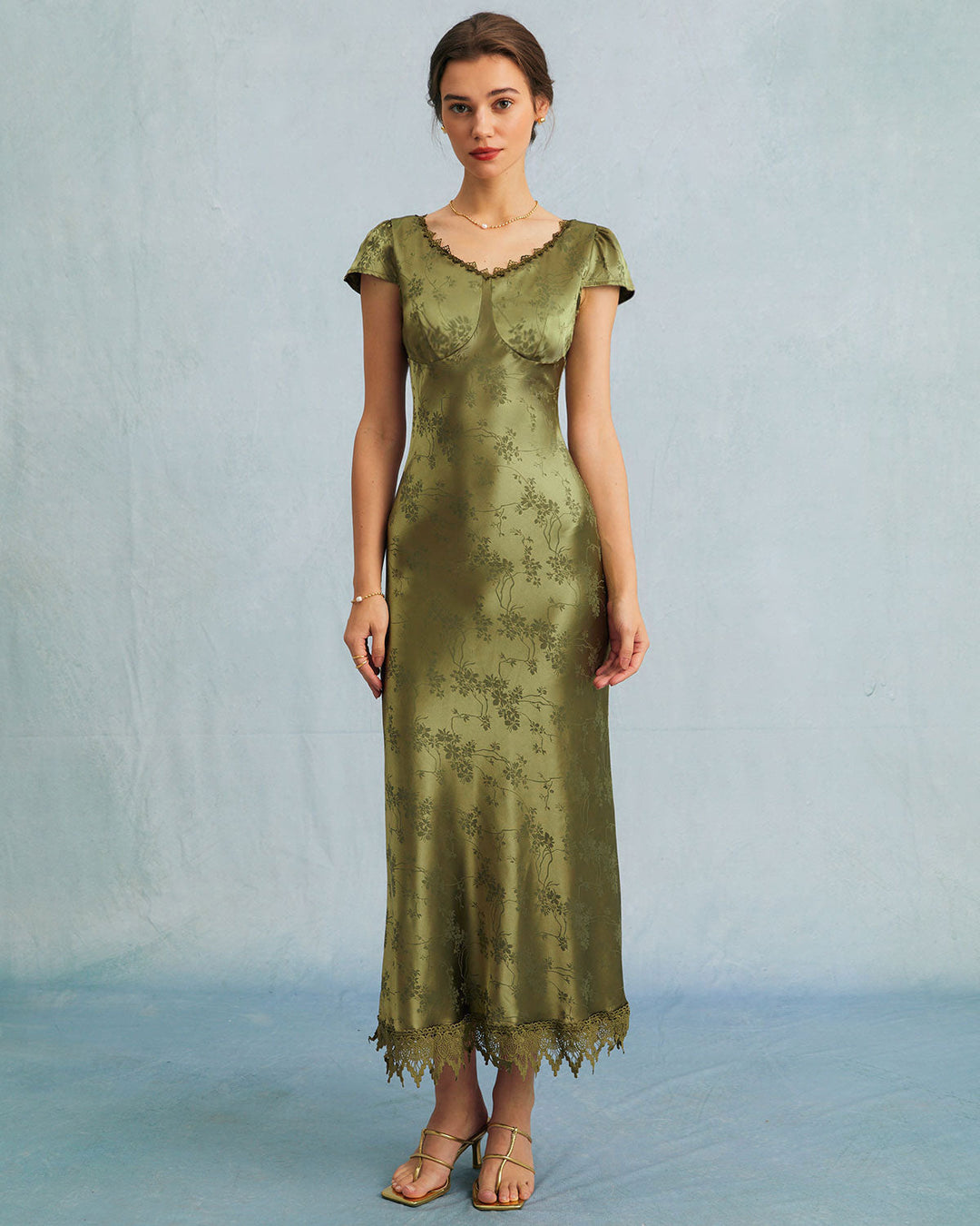 Elegante Abito Midi Verde Jacquard Maniche Corte