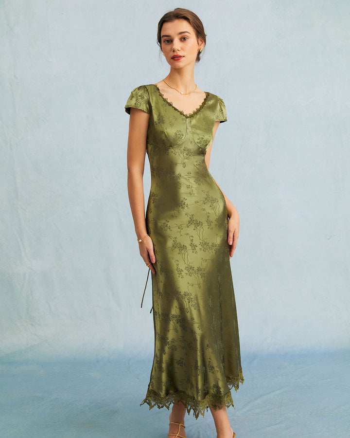 Elegante Abito Midi Verde Jacquard Maniche Corte