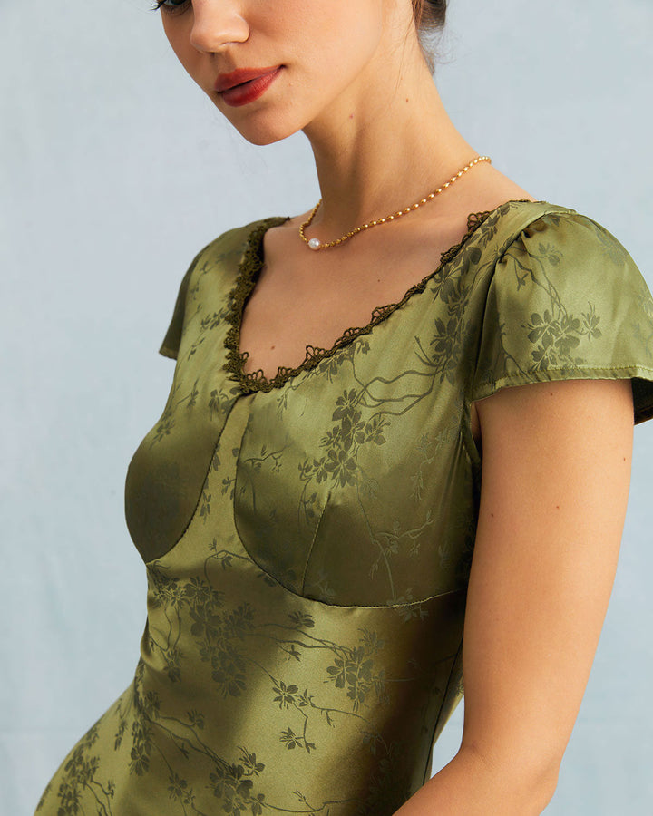 Elegante Abito Midi Verde Jacquard Maniche Corte