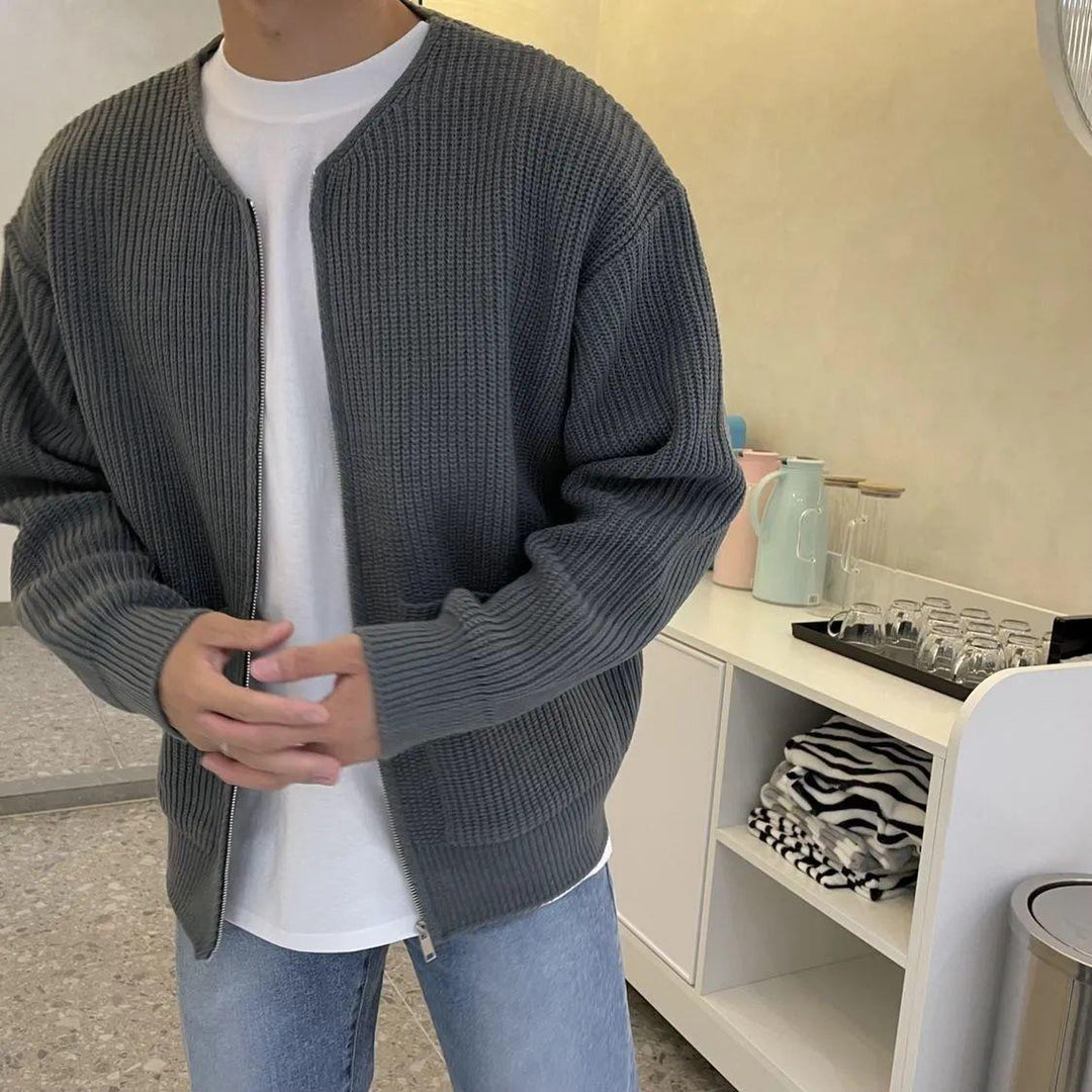 Cardigan Uomo in Maglia Girocollo con Orlo a Coste
