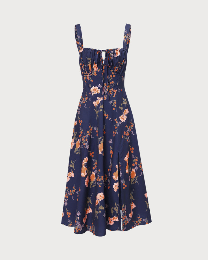 Elegante Abito Midi Floreale Navy Allacciato Arricciato