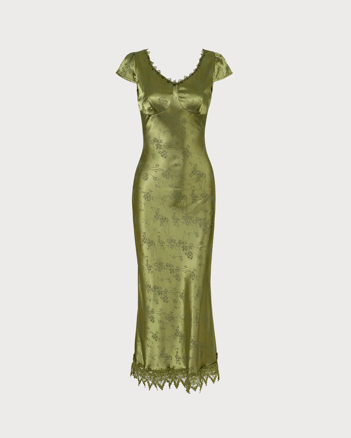 Elegante Abito Midi Verde Jacquard Maniche Corte