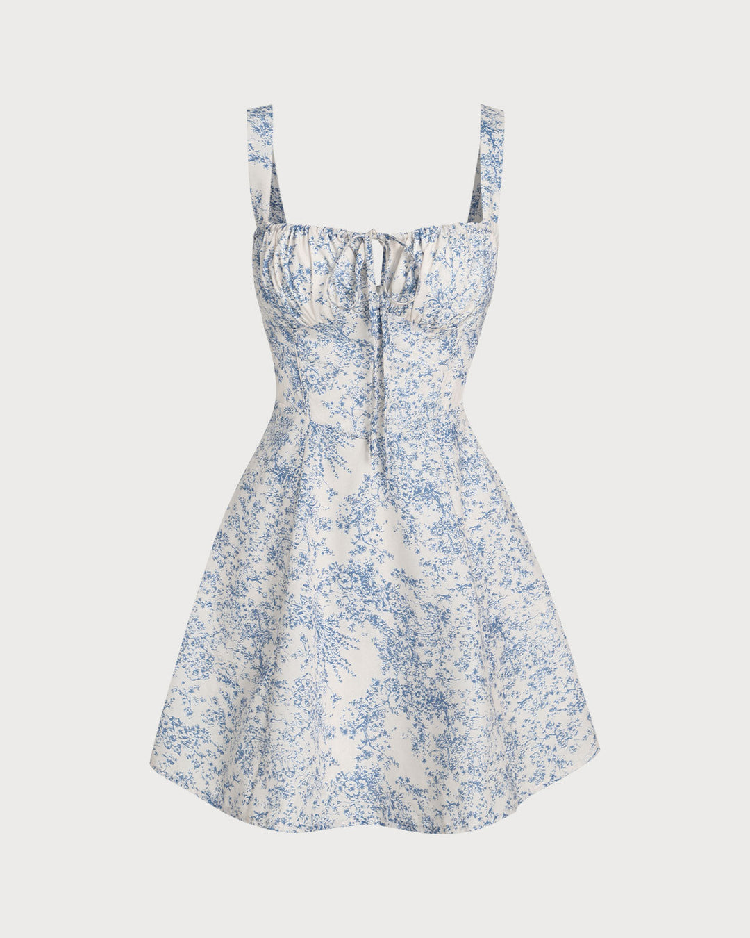 Elegante Abito Mini Floreale Blu Corset Arricciato Linea A