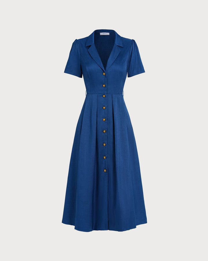 Abito midi donna plissettato con bottoni blu