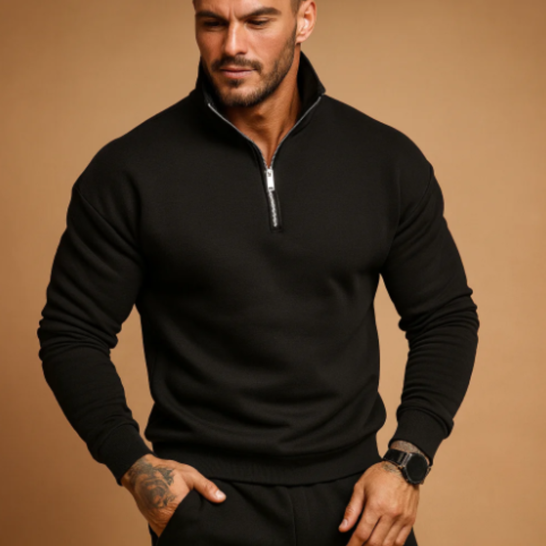 Maglione Uomo a Maglia con Mezza Zip e Polsini a Costine