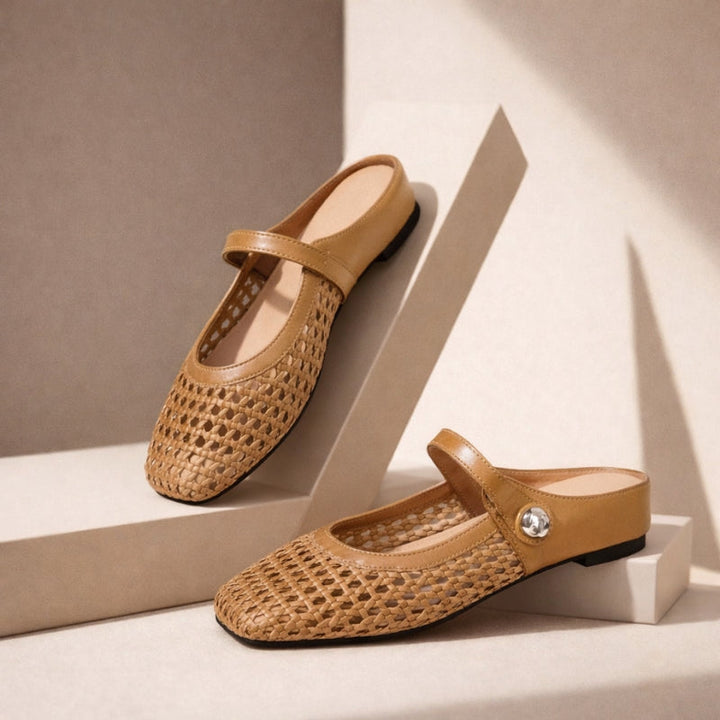 Ballerine Donna Intrecciate Dorate Modello Mary Jane con Cinturino