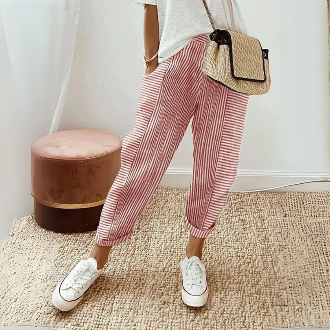 Pantalone Donna a Righe in Polyester con Vita Alta e Coulisse