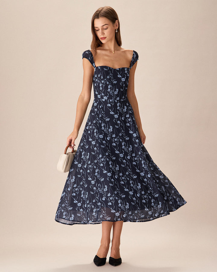 Elegante Abito Midi Floreale Navy Scollo Cuore