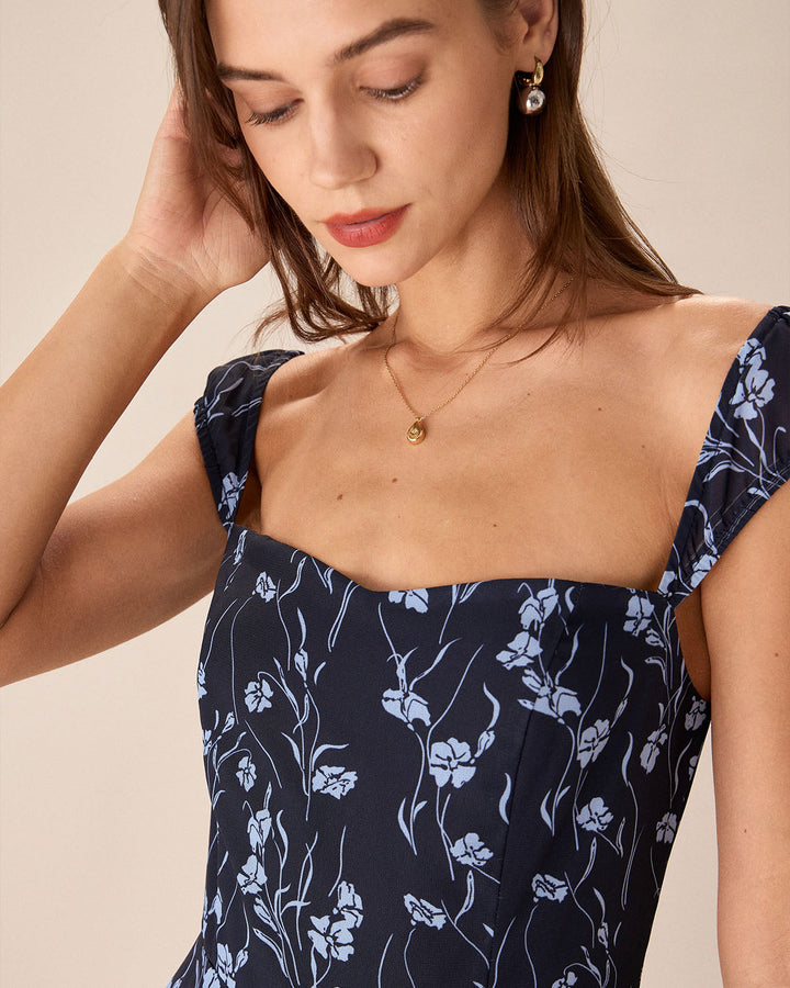 Elegante Abito Midi Floreale Navy Scollo Cuore