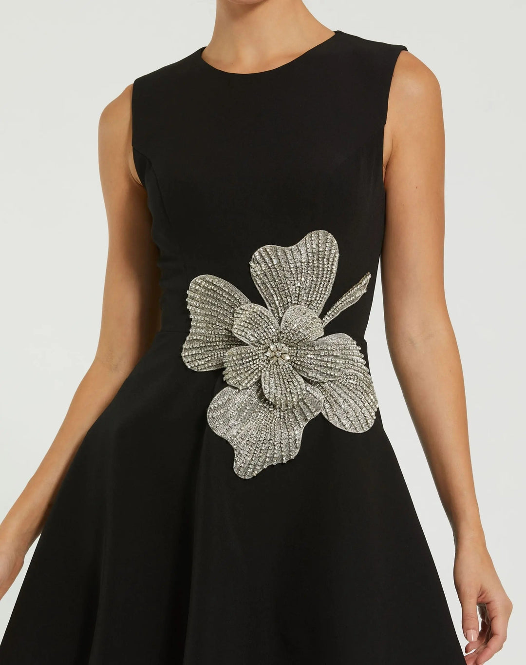 Elegante Abito Mini Nero Strass Fiore Donna