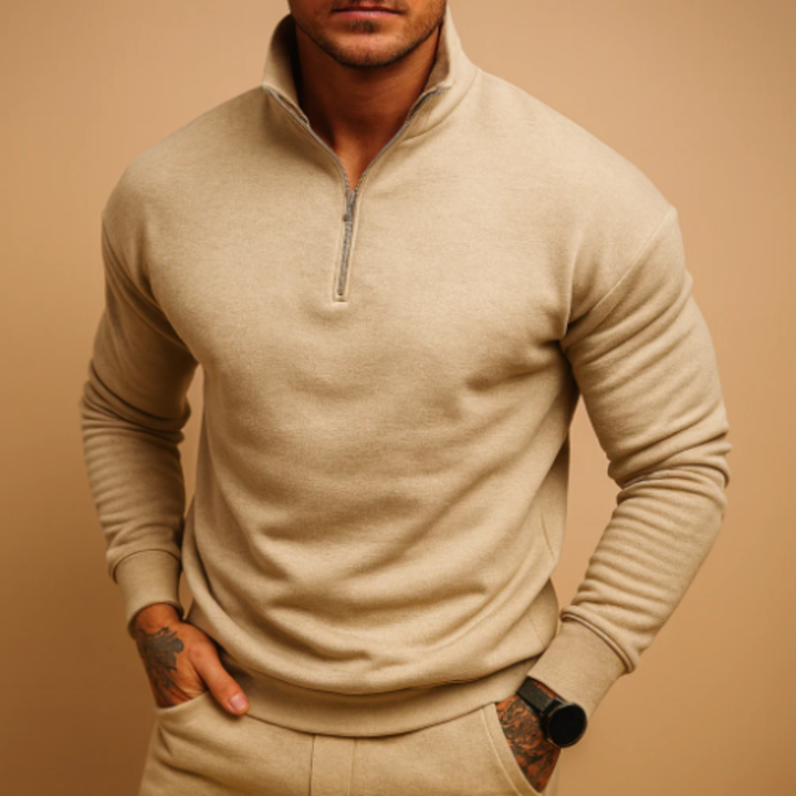 Maglione Uomo a Maglia con Mezza Zip e Polsini a Costine
