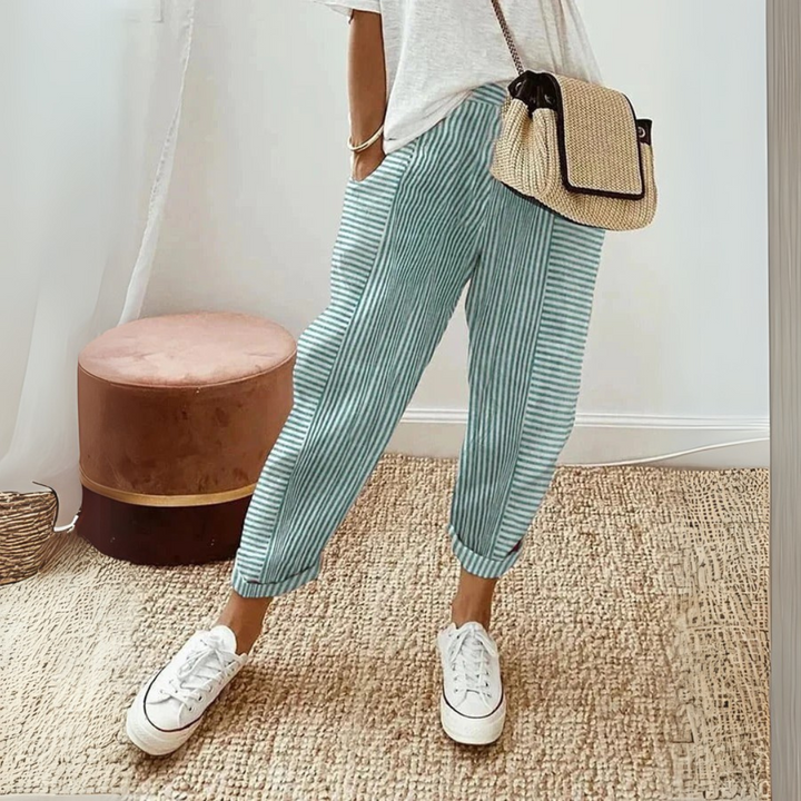 Pantalone Donna a Righe in Polyester con Vita Alta e Coulisse