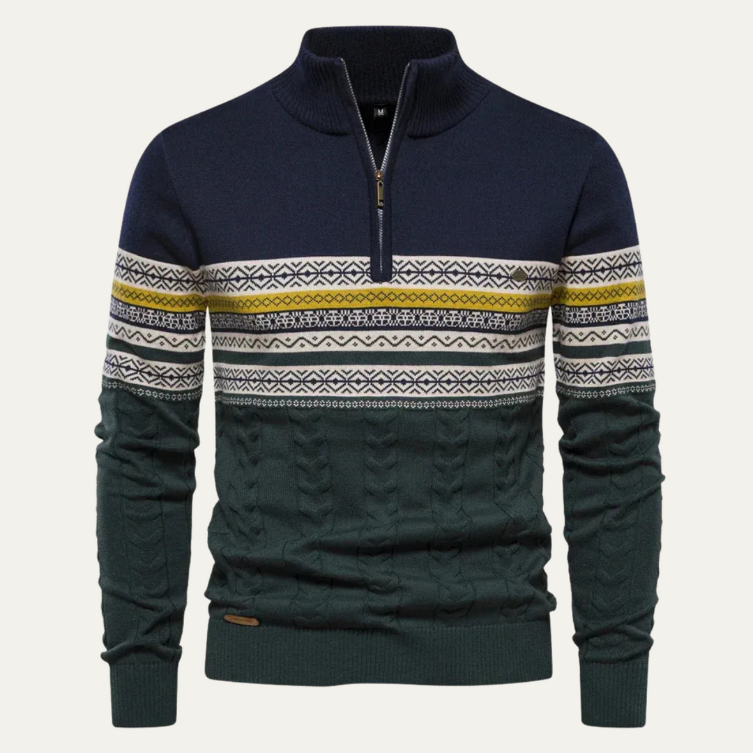 Maglione Uomo in Cotone con Mezza Zip e Motivo Fair Isle