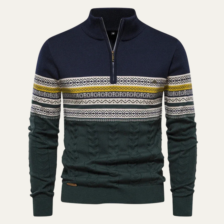 Maglione Uomo in Cotone con Mezza Zip e Motivo Fair Isle