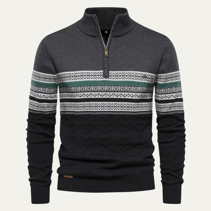 Maglione Uomo in Cotone con Mezza Zip e Motivo Fair Isle