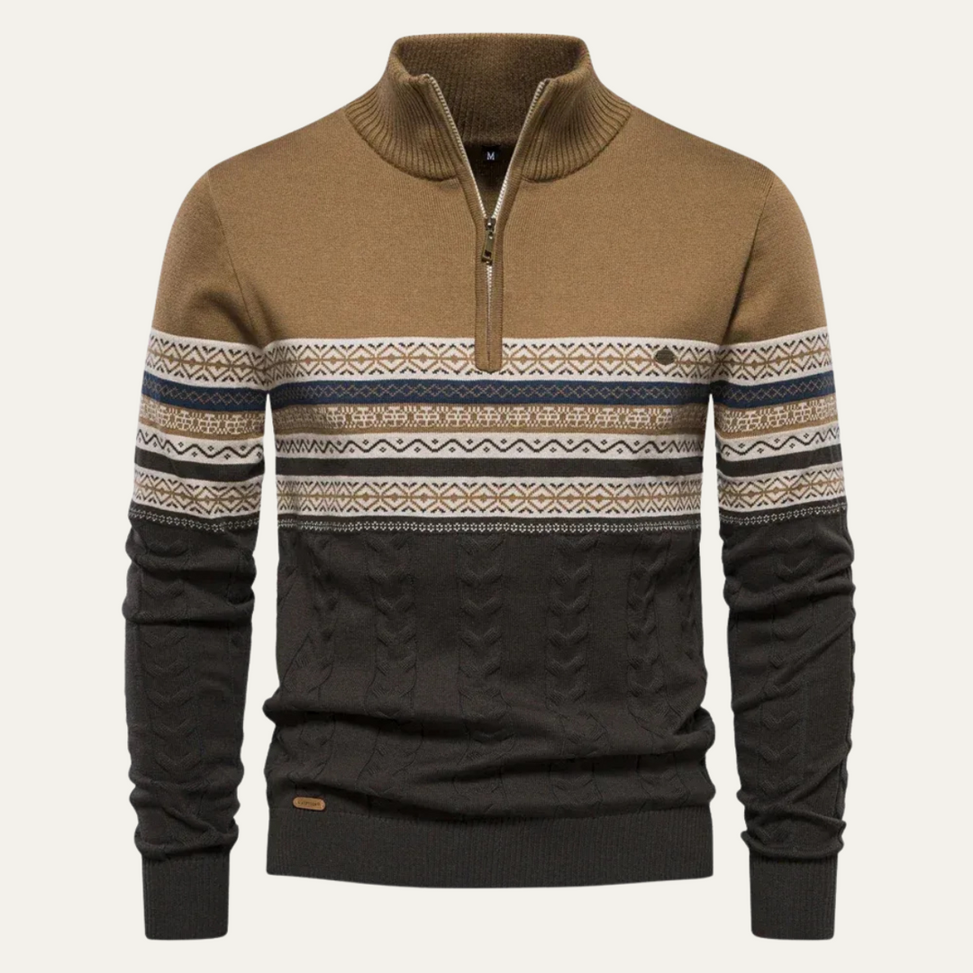 Maglione Uomo in Cotone con Mezza Zip e Motivo Fair Isle