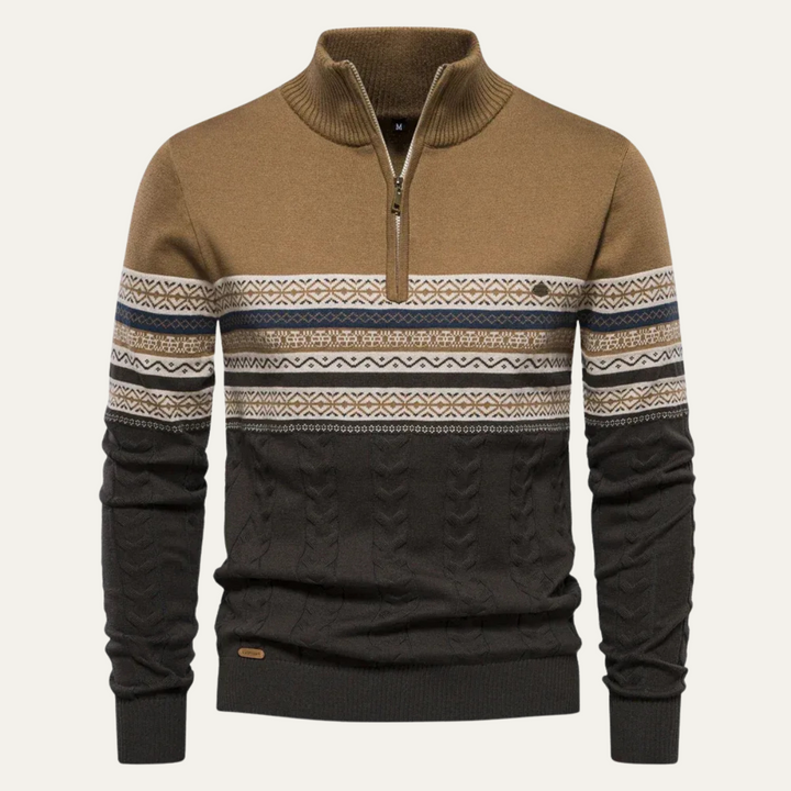 Maglione Uomo in Cotone con Mezza Zip e Motivo Fair Isle