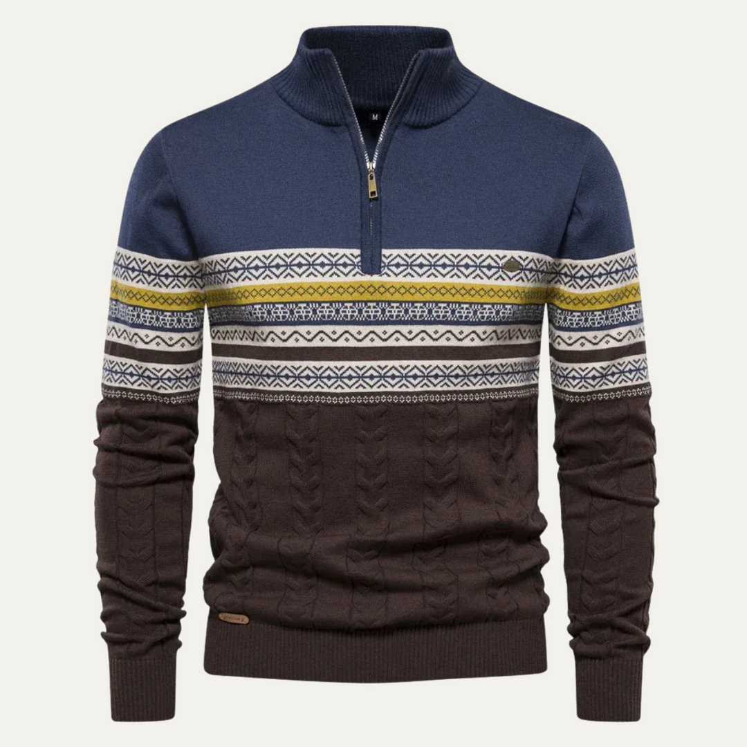 Maglione Uomo in Cotone con Mezza Zip e Motivo Fair Isle