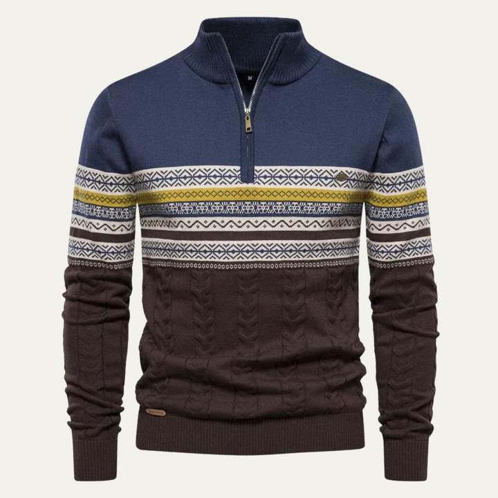Maglione Uomo in Cotone con Mezza Zip e Motivo Fair Isle