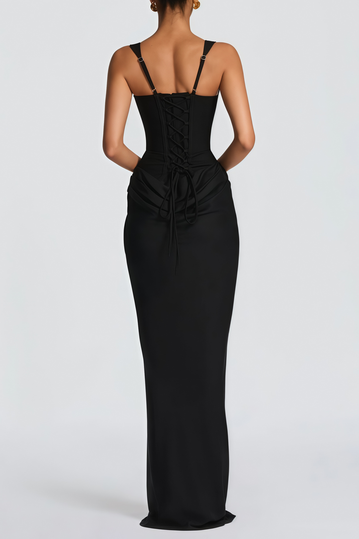 Abito cerimonia lussuoso nero corsetto maxi