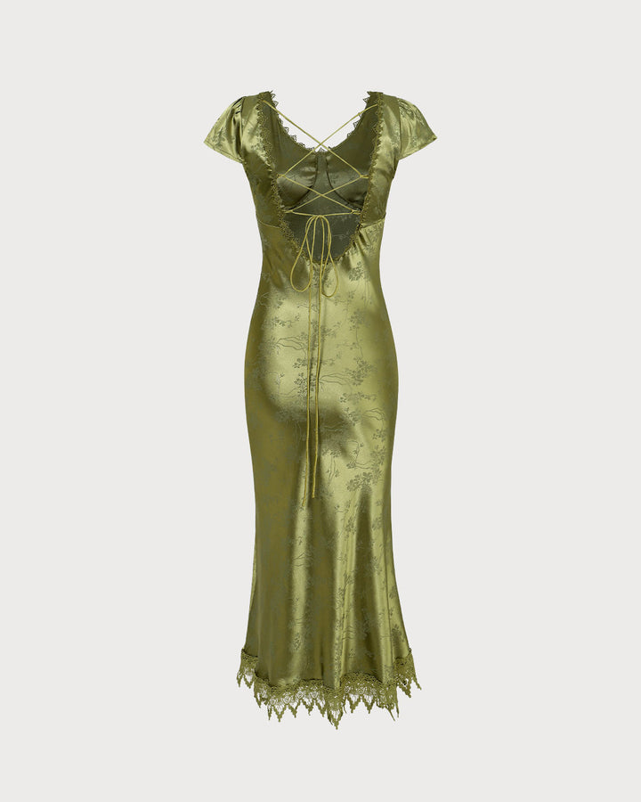 Elegante Abito Midi Verde Jacquard Maniche Corte