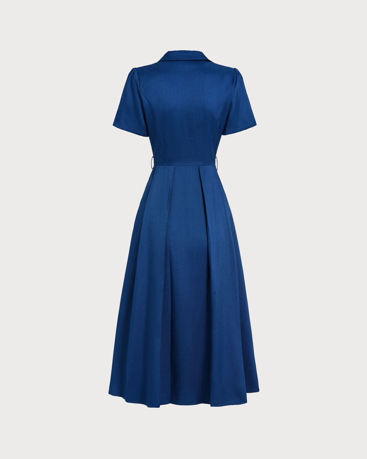 Abito midi donna plissettato con bottoni blu
