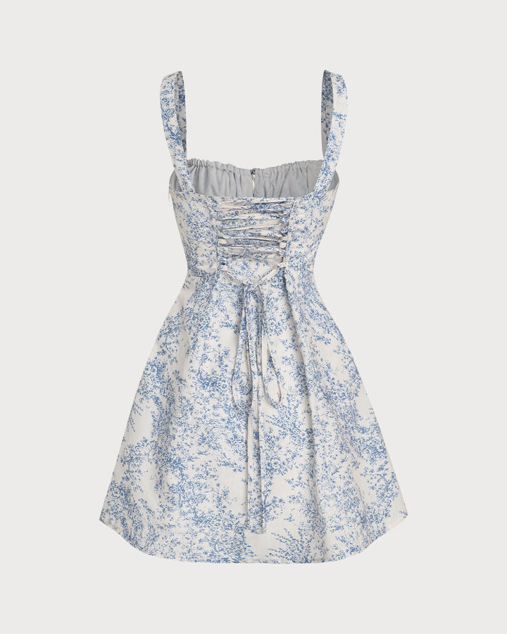 Elegante Abito Mini Floreale Blu Corset Arricciato Linea A