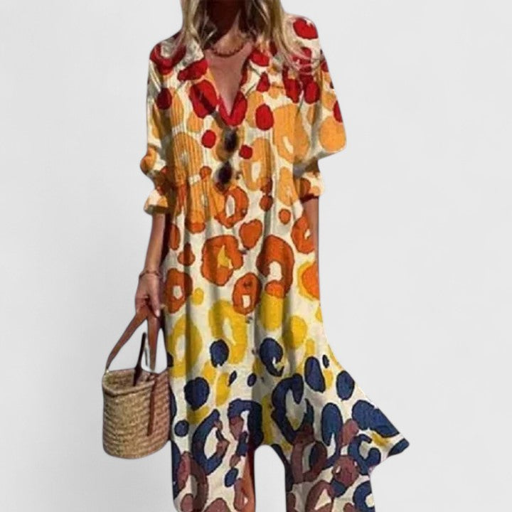 Abito Lungo Boho a Stampa con Scollo a V e Taglio Morbido