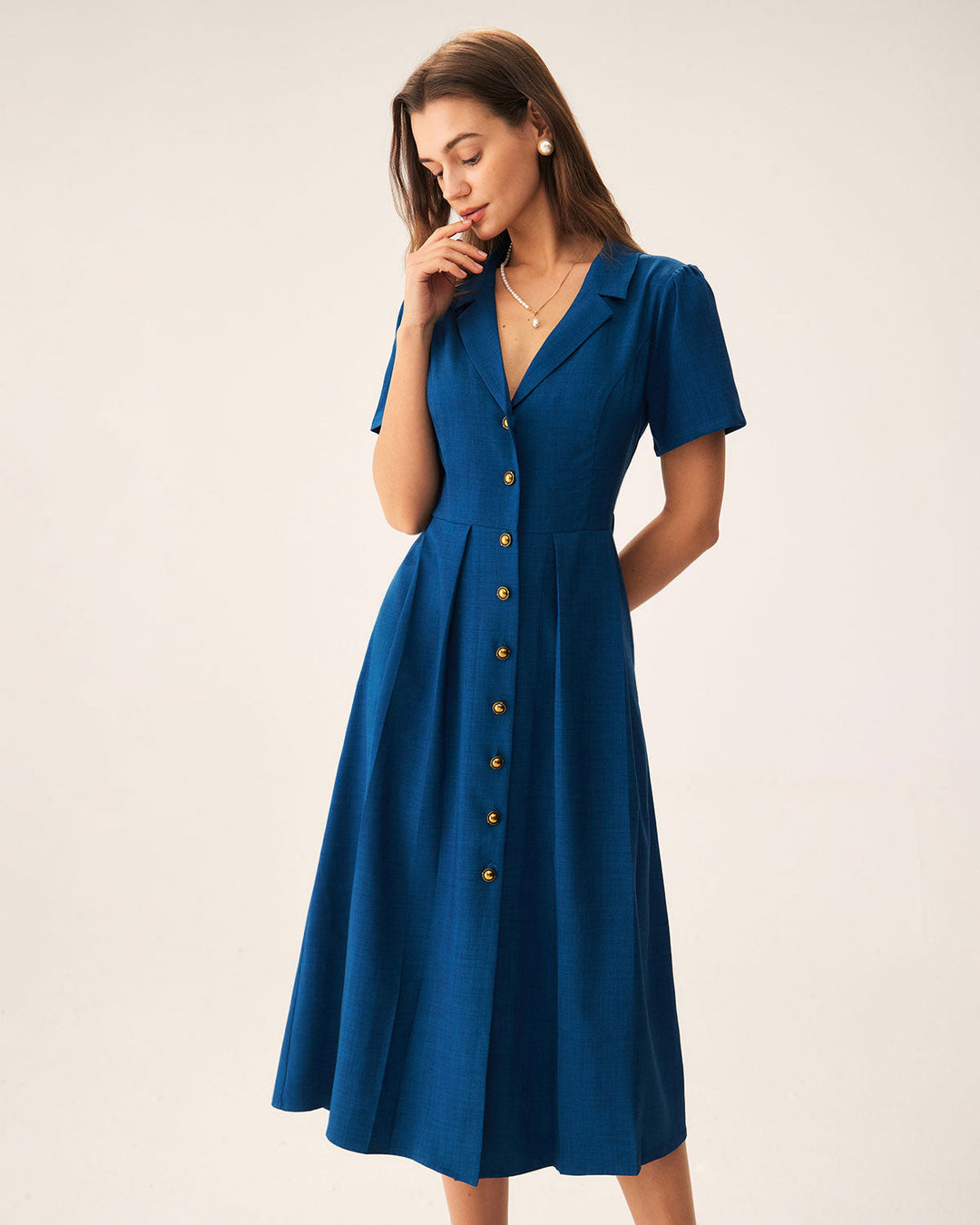 Abito midi donna plissettato con bottoni blu