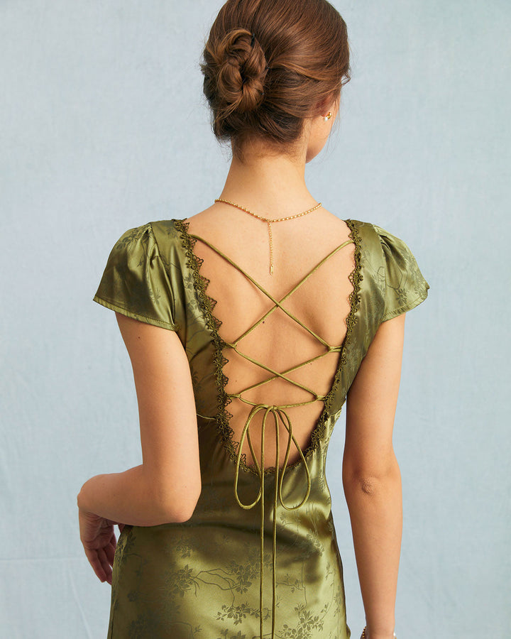 Elegante Abito Midi Verde Jacquard Maniche Corte