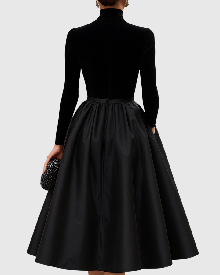 Aradia | Elegante abito midi in velluto nero e raso