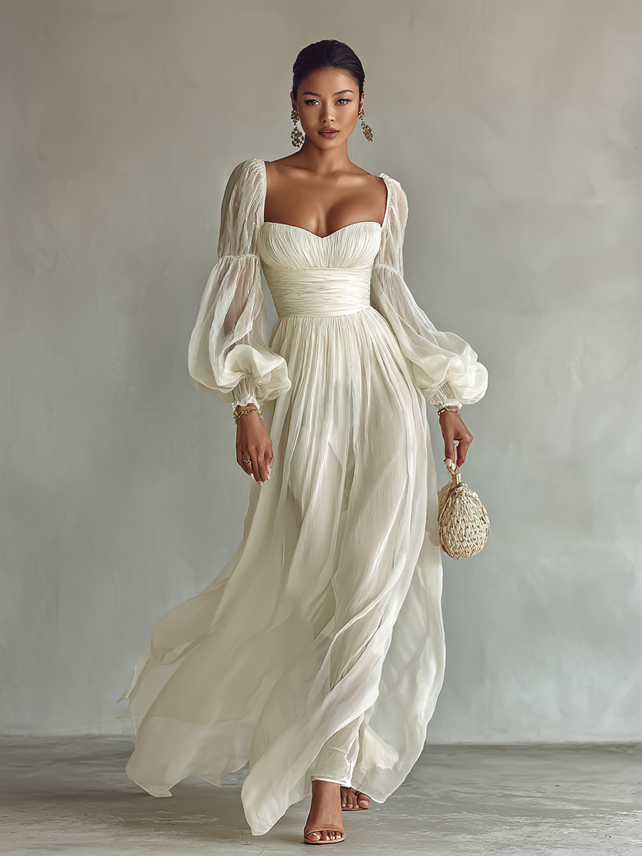 Abito Lungo in Chiffon con Scollo Quadrato e Maniche Lunghe