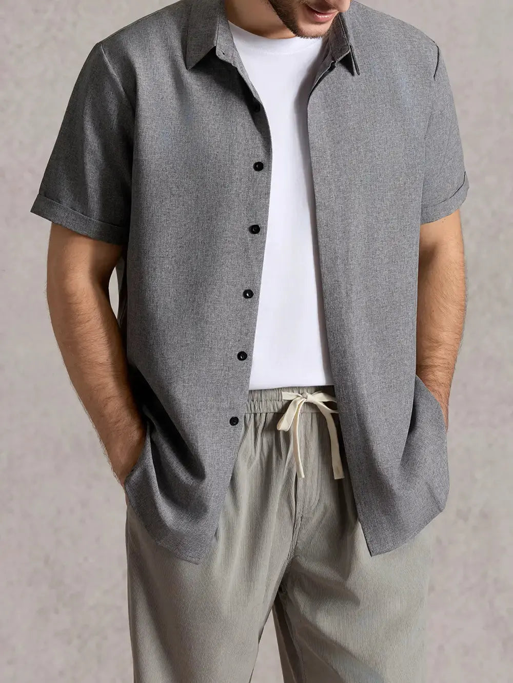 Camicia da uomo a maniche corte in misto cotone e lino