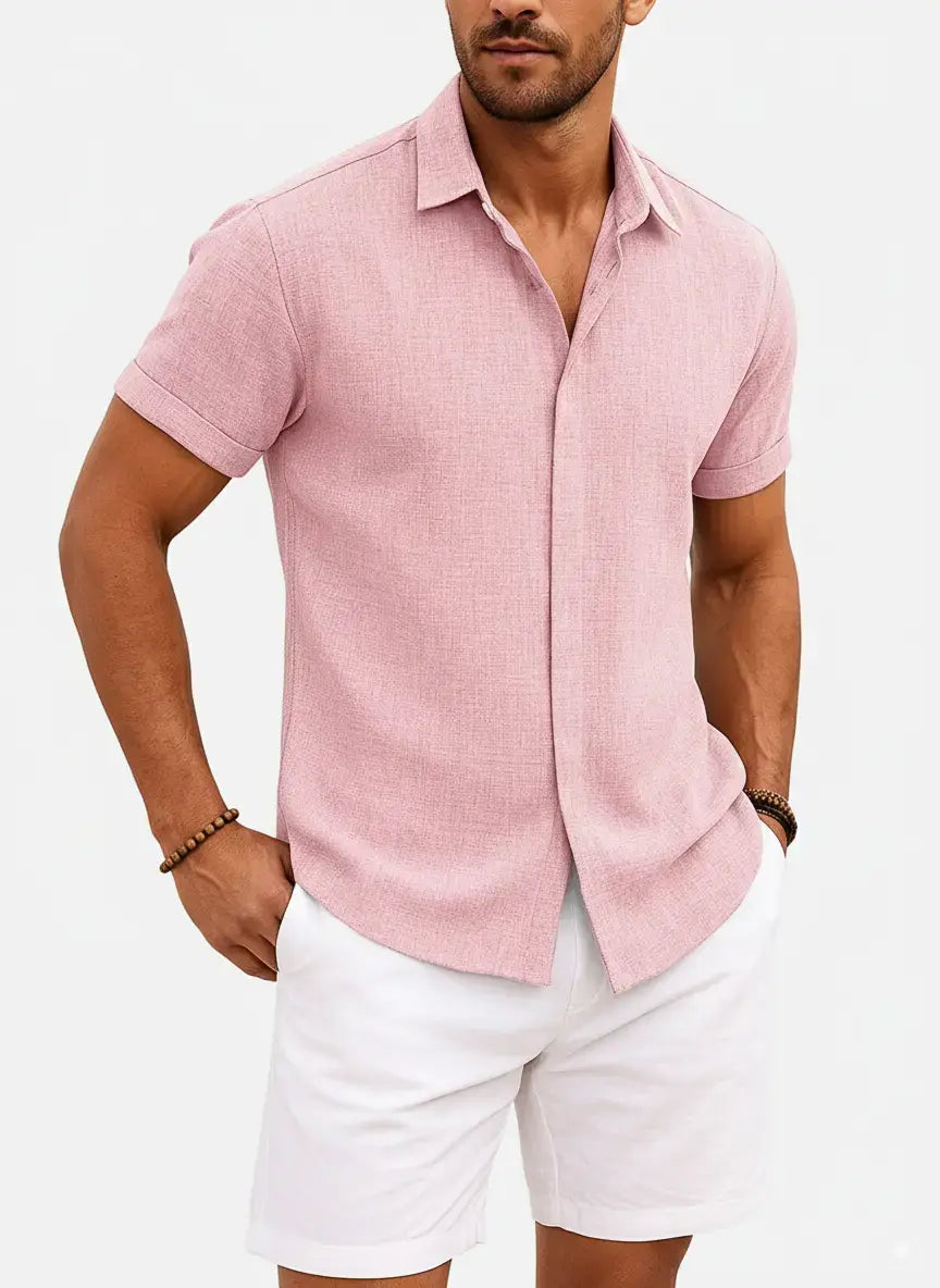 Camicia da uomo a maniche corte in misto cotone e lino