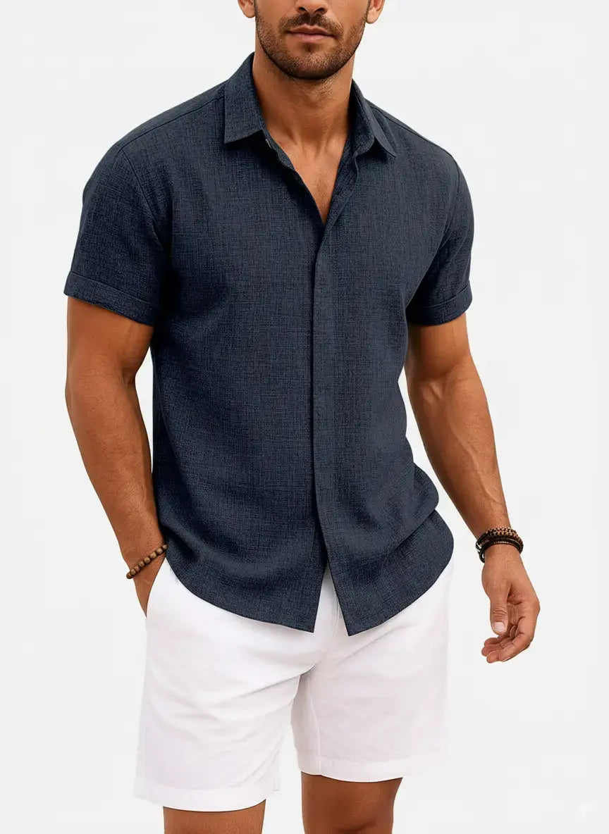 Camicia da uomo a maniche corte in misto cotone e lino
