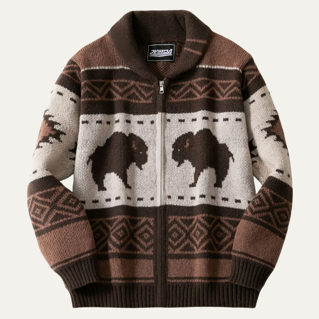 Cardigan Uomo Stampa Buffalo Zip Intera Invernale