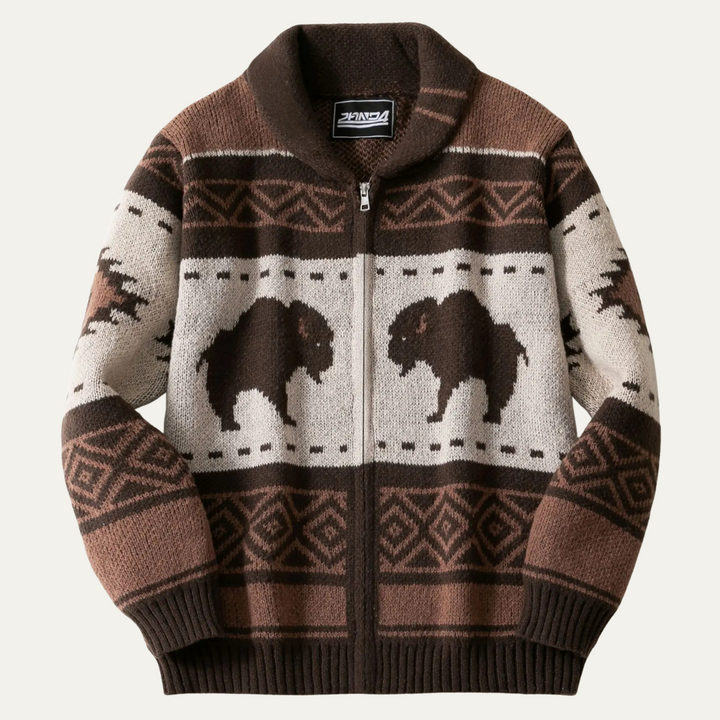 Cardigan Uomo Stampa Buffalo Zip Intera Invernale