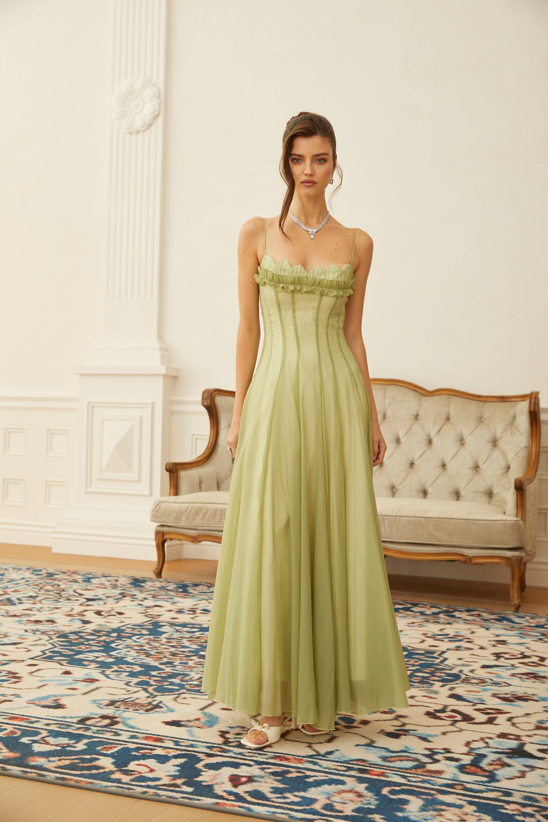 Abito cerimonia raffinato verde lungo