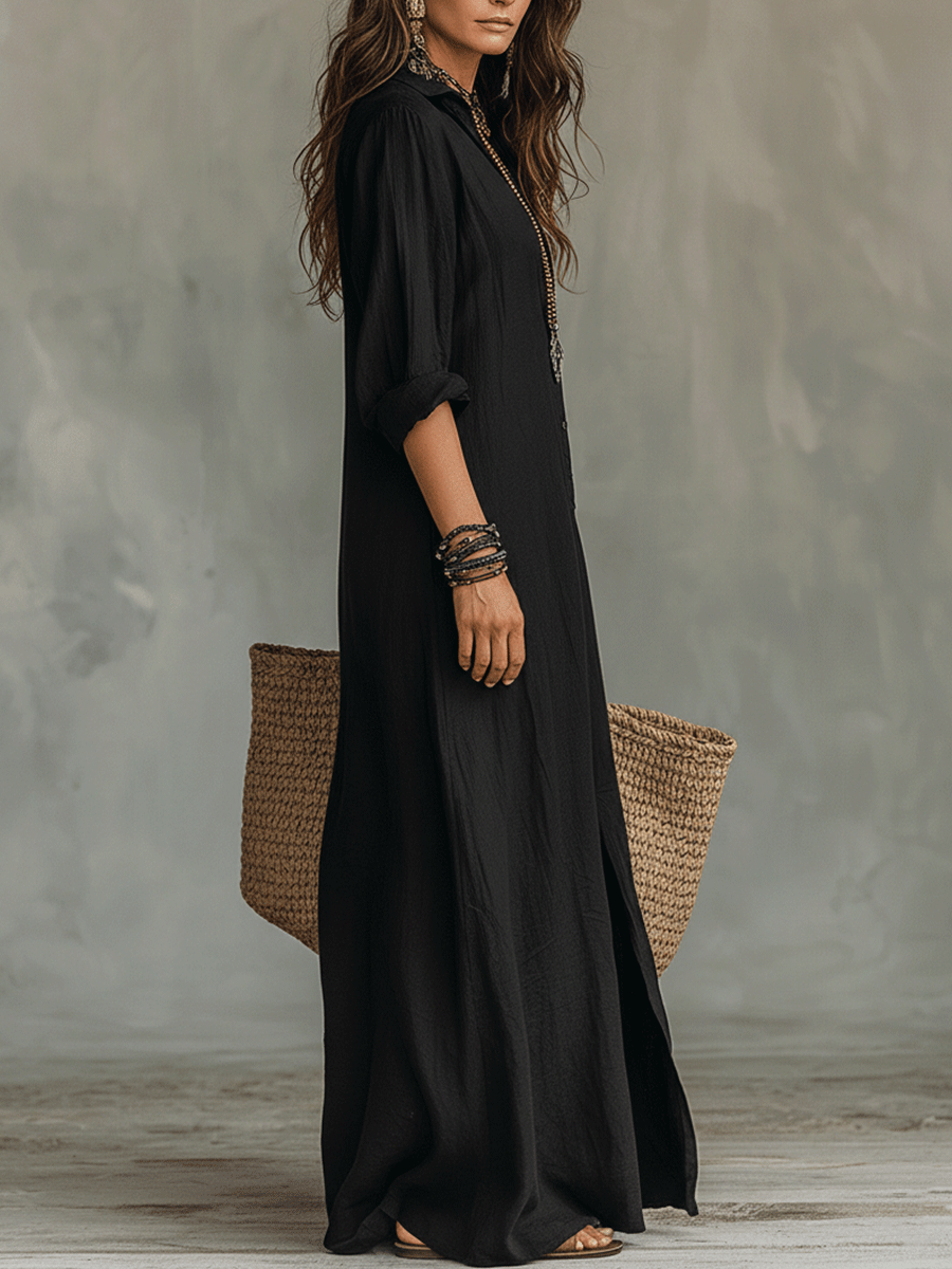 Abito maxi donna nero elegante con bottoni