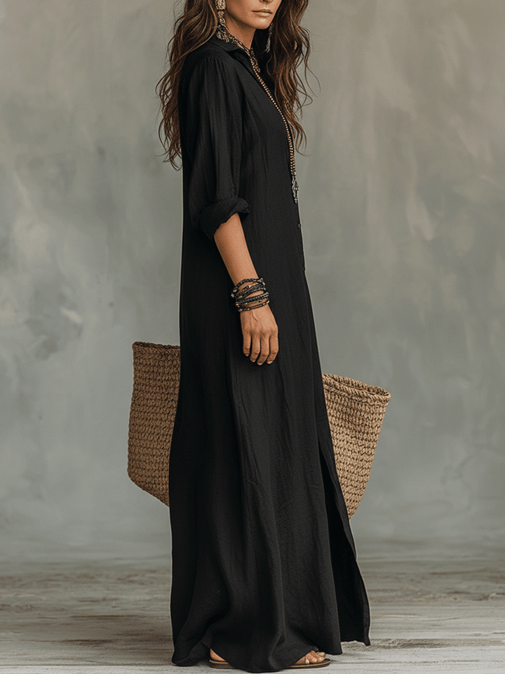 Abito maxi donna nero elegante con bottoni