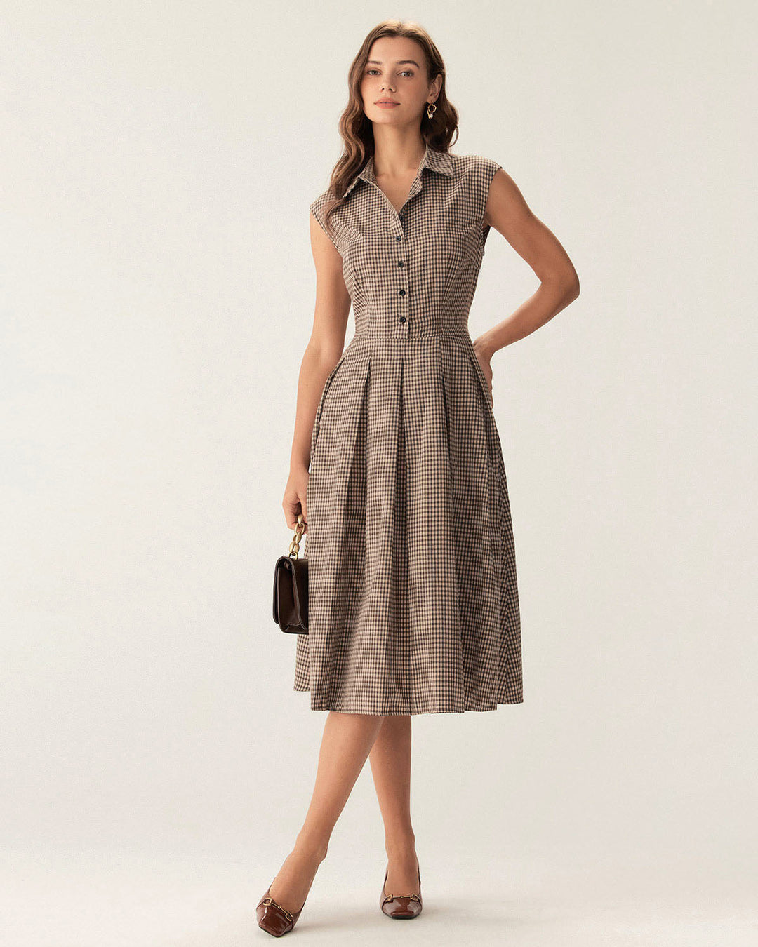 Classico Abito Midi Marrone Scozzese Bottoni Donna
