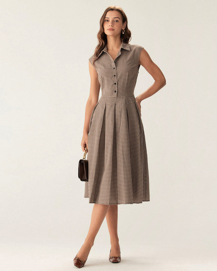 Classico Abito Midi Marrone Scozzese Bottoni Donna