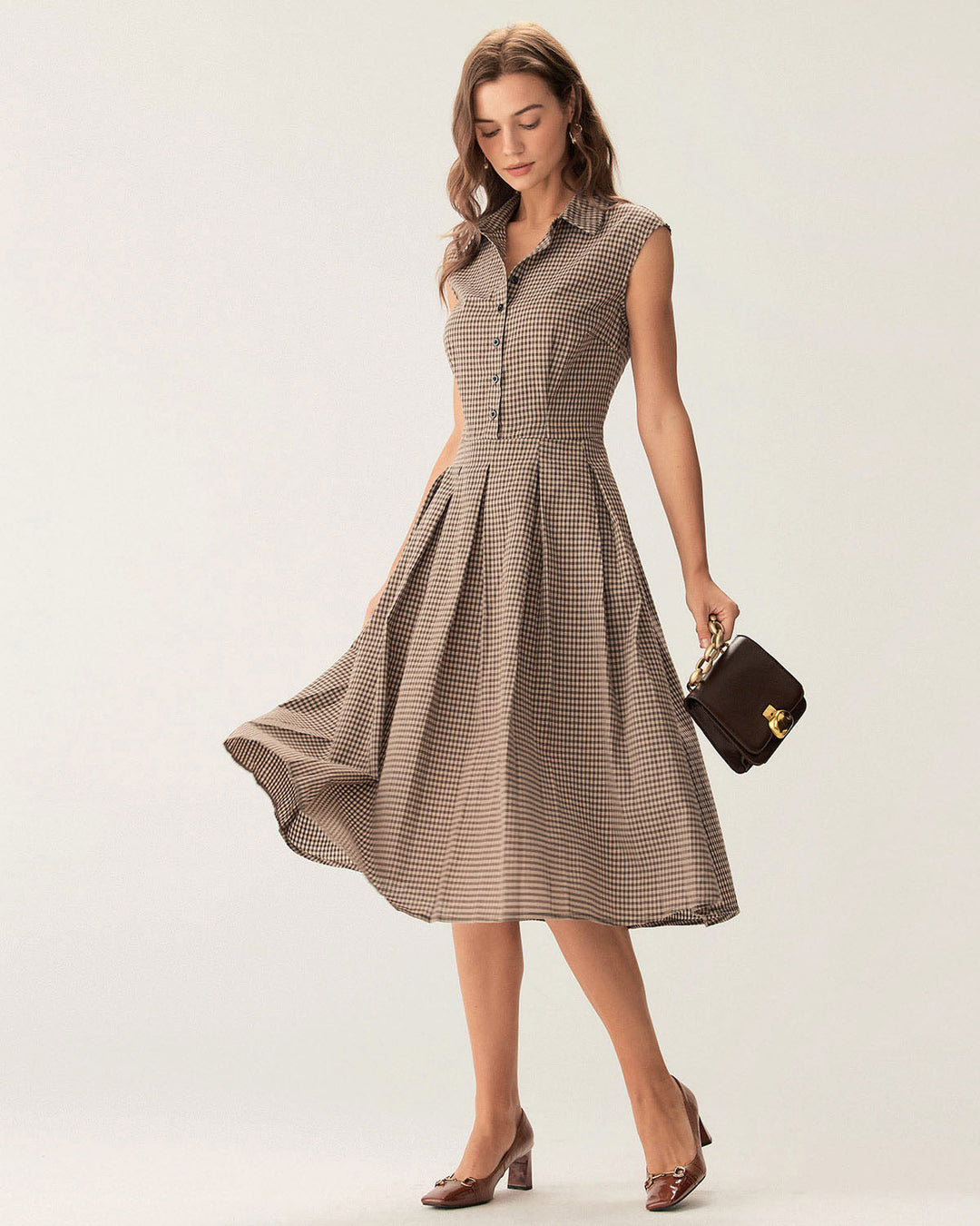 Classico Abito Midi Marrone Scozzese Bottoni Donna