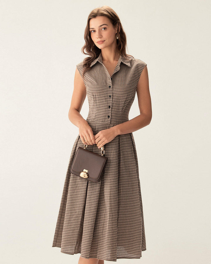 Classico Abito Midi Marrone Scozzese Bottoni Donna