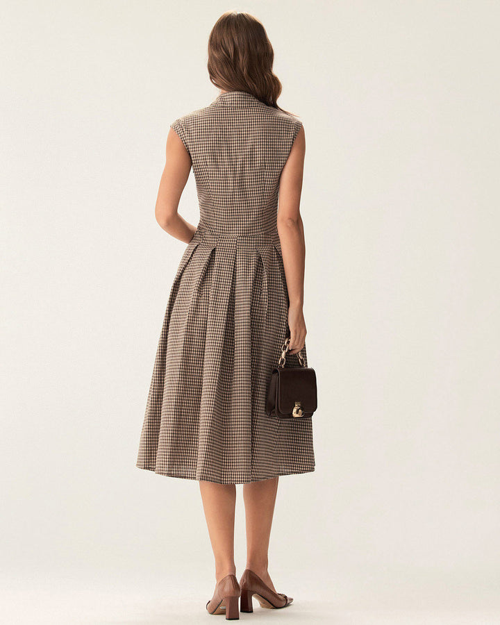 Classico Abito Midi Marrone Scozzese Bottoni Donna