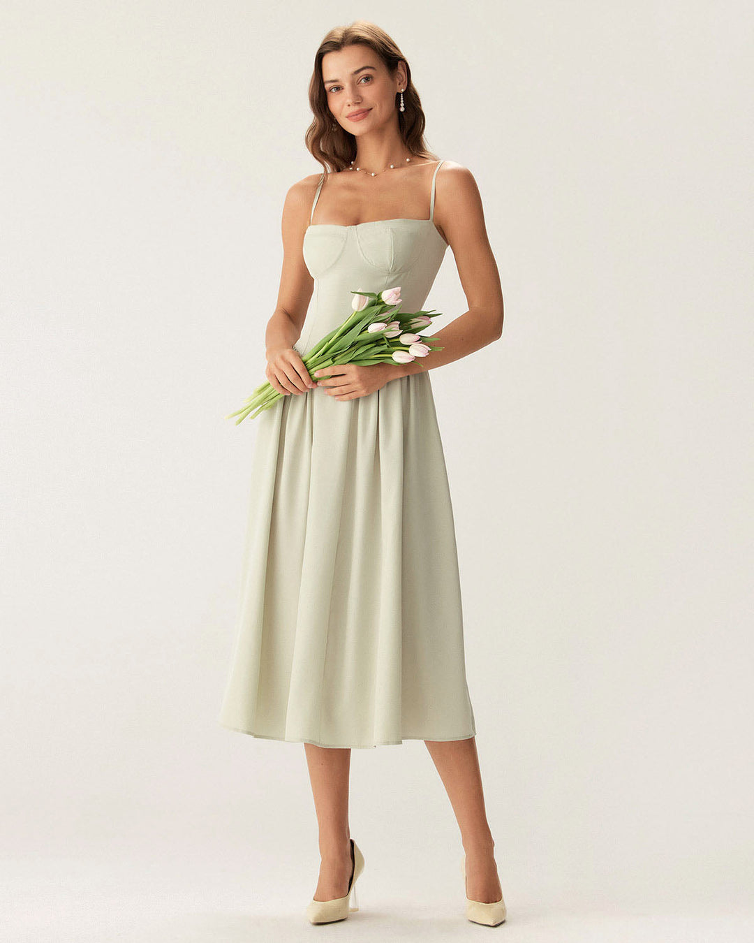 Abito midi donna verde con tasche